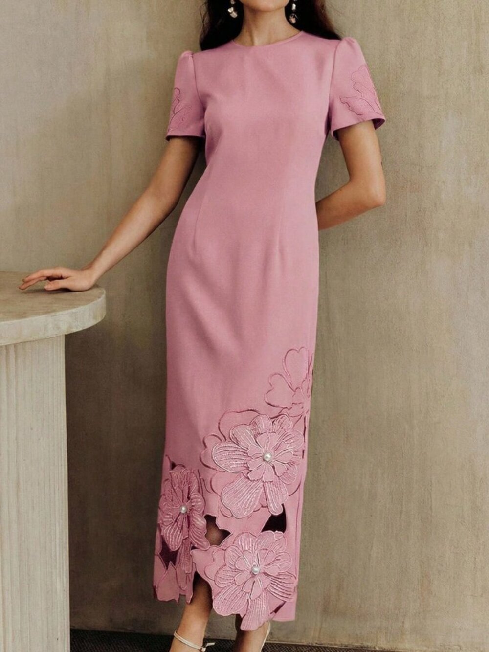 Pink Elegant Women's Straight Waist-Cinching Short Sleeve Dress - Picture 3 of 7